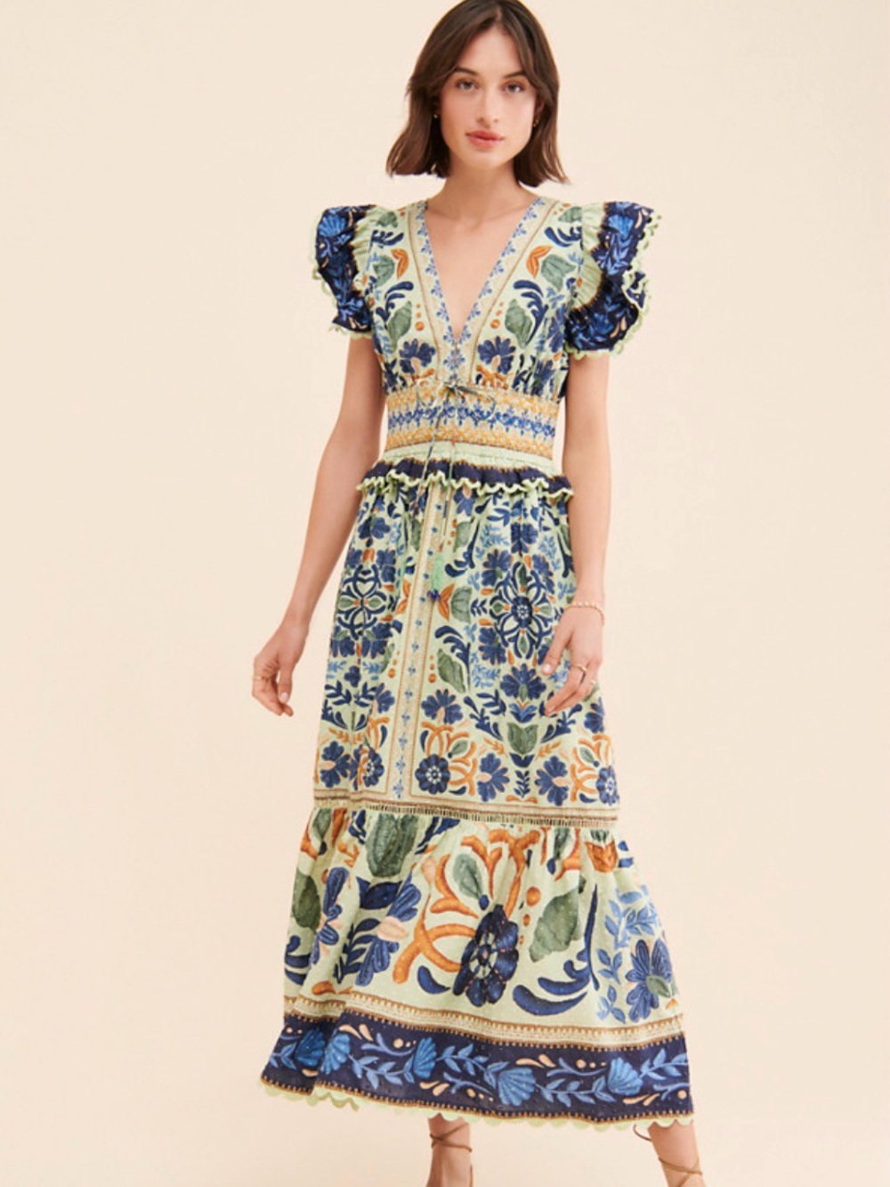 Farm Rio Floral V-Neck Maxi Dress in Multi-Blue, Sz L